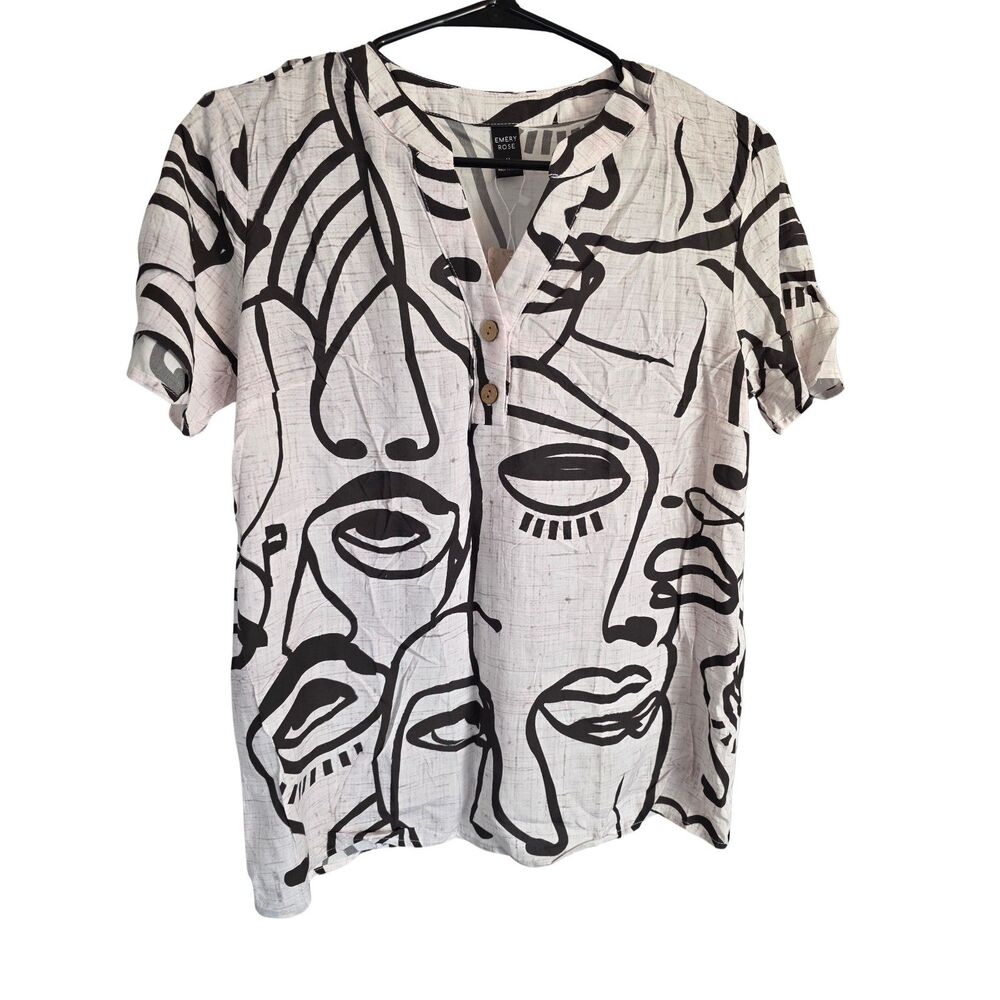 NWT Emery Rose Abstract Face Graphic Print Blouse Top Size Medium M